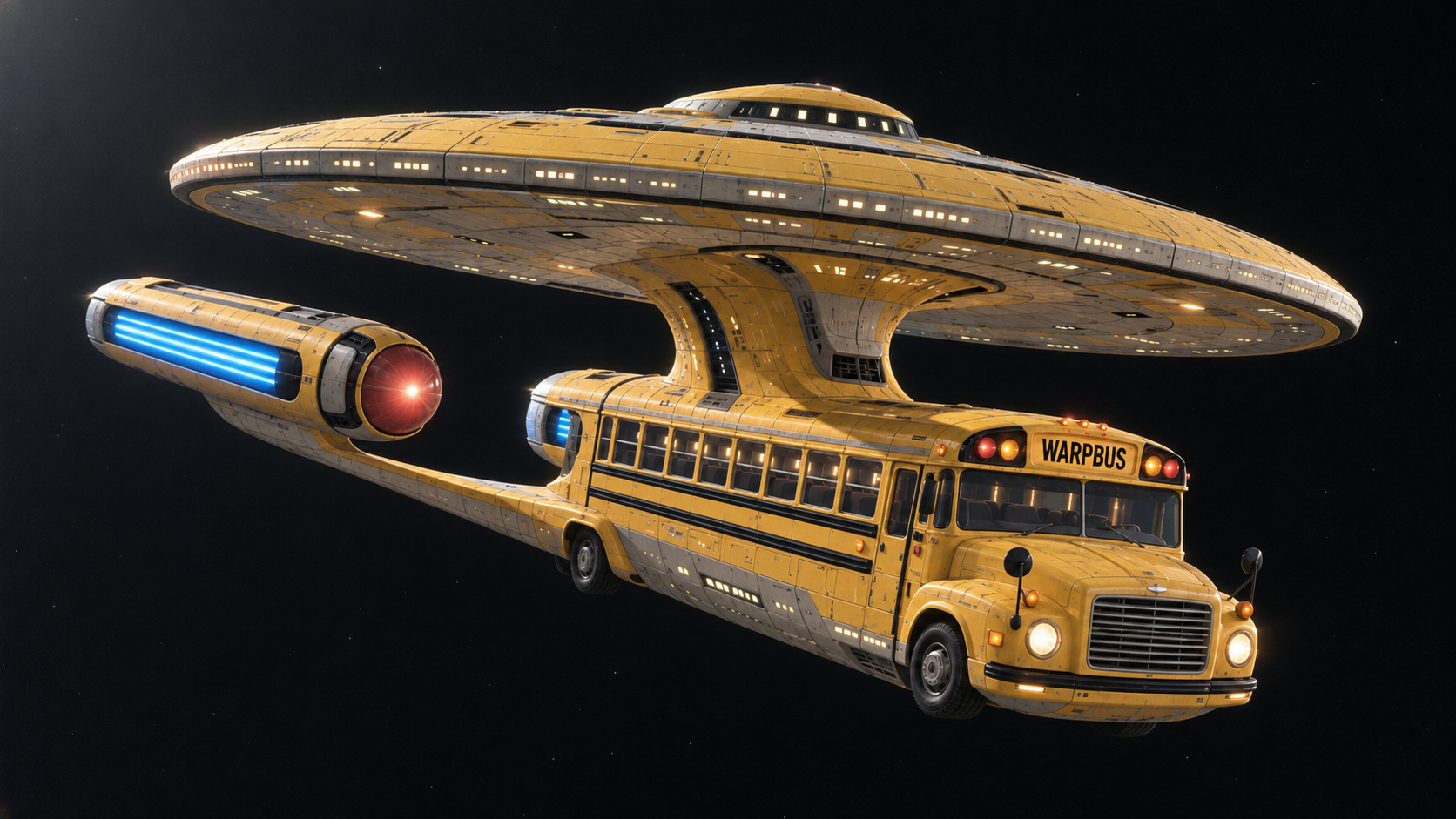 Warpbus: a yellow school bus combined with a starship, floating in space.